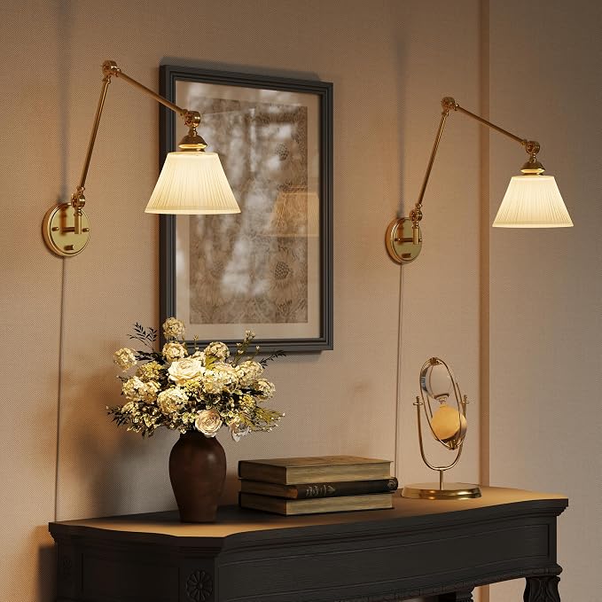 Plug in Wall Sconces Set of Two, Gold Swing Arm Wall Lamp with 6.6FT Plug-in Cord and Knob Switch, Fabric Hardwired Wall Lights for Bedroom, Reading, Study Room, Office, Living Room (2 Pack)