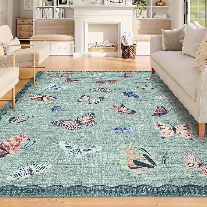 GarveeHome Butterfly Area Rug 5x7, No Slip Washable Rug, Modern Bedroom Rug Under Bed Ultra Carpet, Low-Profile Rugs for Living Room Bedroom Dining Room, Light Green