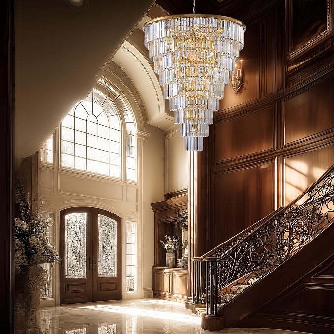 48-Inch Gold Tiered Crystal Tube Chandelier - 45-Light E12 Pendant with 580 Crystal Rods, Mirror-Polished Metal Frame, Adjustable 79" Chain, Gold