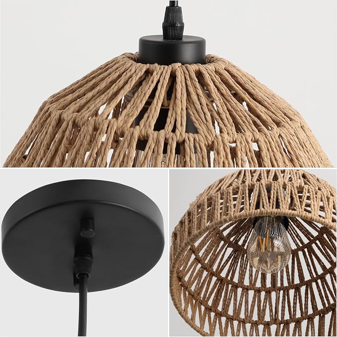 JONATHAN Y Campana 1-Light Pendant Dome Ceiling Lamp, 10.25", Brown | Modern Coastal Farmhouse Decor, Adjustable Height, Woven Rope Metal Frame, LED Bulb Included, UL Listed