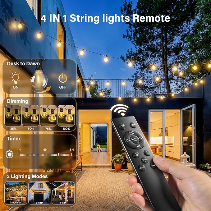 50FT Outdoor String Lights with Remote, Waterproof Connectable Dimmable G40 Patio Lights with 20+1 Shatterproof Edison LED Bulbs Plug in, Hanging Light for Outside Backyard Deck Garage Decor