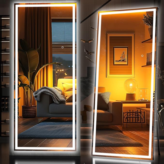 Hasipu Full Length Mirror with Lights, 75" x 28" LED Lighted Floor Standing, Full Body Dressing Hanging Mounted Mirror, Tempered Glass, Square Black