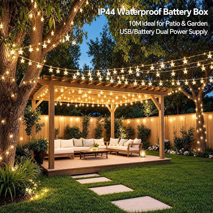 33Ft 80LED Star String Lights Battery and USB Operated, Warm White Star Fairy String Lights,Waterproof for Home Indoor Bedroom Wedding Room Dorm Wall Window Tent LoftBed Patio Party Decor