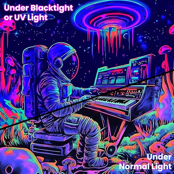 BVBOX Astronaut Space Blacklight Tapestry 59"x51", UV Reactive Astronaut Electronic Piano Universe Galaxy Planet Glow in Dark Music Tapestries, Black Light Neon Upright Poster Wall Hanging Backdrop Decor for Bedroom Living Room