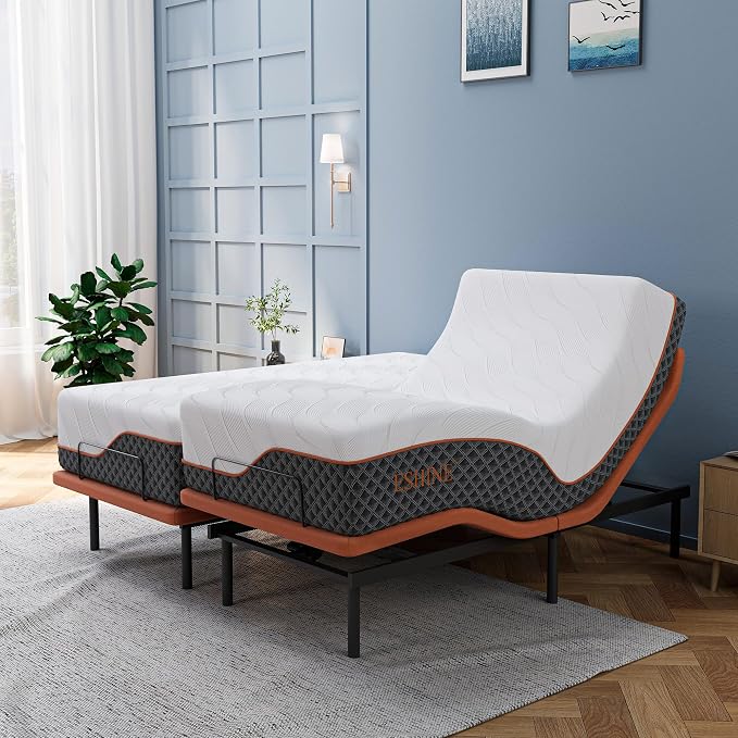 ESHINE Split King Adjustable Bed Frame 14" Hybrid Matt with Dual USB | Bed Base, Lumbar Support, Head-Pillow-Tillt, Zero Gravity, Wireless Remote, Smart App, Under Bed Light, 6000 Series