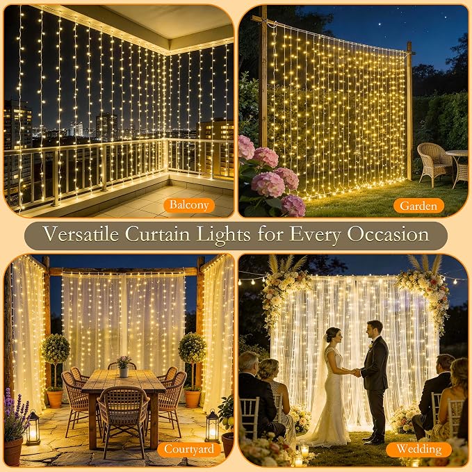 Curtain String Lights Indoor, 300LED 9.8 * 9.8FT USB Plug-in Window Curtain Lights with Timer and 8 Modes, Waterproof Warm White Curtain Fairy Lights for Bedroom Room Wedding Outdoor Decor