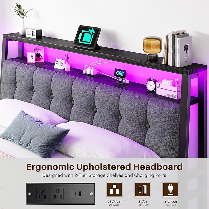 Homkdom King Bed Frame Upholstered Storage Headboard,Charging Station,Black | LED Lights, 12" Under-Bed Storage, 2 AC Outlet&2 USB, Noise-Free,Easy Assembly,No Box Spring Needed,1100 lbs