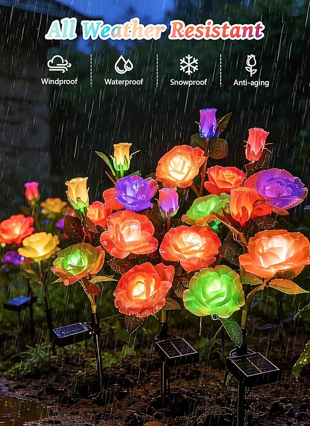 Brightown Solar Garden Lights, 4 Pack 7-Color Changing Rose Flower Lights | Larger & Realistic Rose, Bigger Solar Panel, Waterproof LED Solar Lights Outdoor for Yard Garden Lawn Pathway Decorations