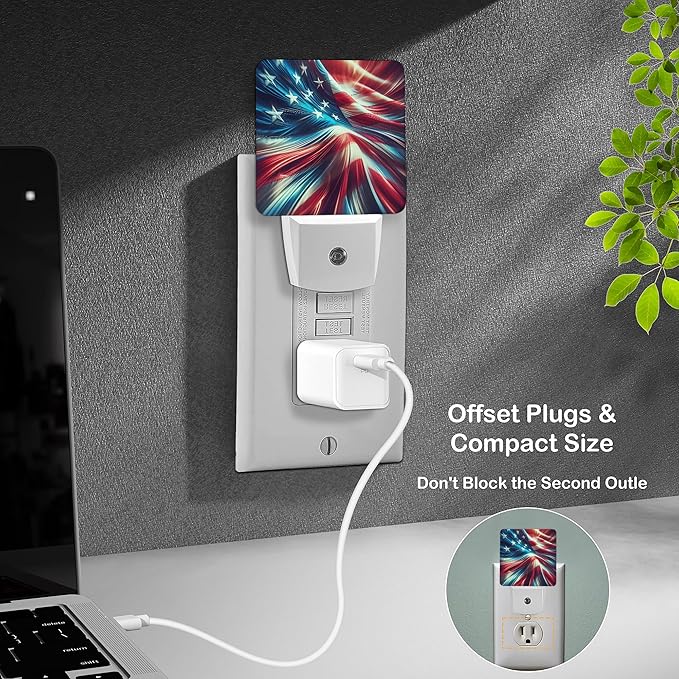 LED Night Light Lamp with Smart Sensor Dusk to Dawn Sensor,Swirling Motion Blurred Effect American Flag Patriotic Symbol Night Light Daylight White,0.5W Plug-into Wall for Adults,Bedroom