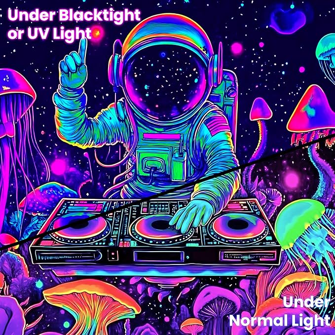 BVBOX Blacklight Space Astronaut Tapestry UV Reactive Galaxy Planet Glow in Dark Tapestries Black Light Poster Neon Wall Hanging Art for bedroom Living Room (Astronaut DJ 1-3M)