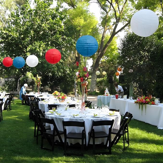 20Pcs Red Royal Blue White Paper Lanterns for Parties, 6” 8” 10” 12” Chinese Asian Hanging Round Paper Lanterns for 4 of July, Independence Day Home Decor Party Decor