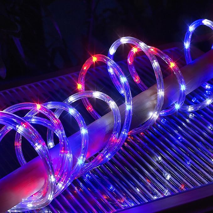 Waterproof LED Rope Lights, Connectable & Flexible with 8 Modes, Outdoor Lighting for Deck, Garden, Pool, Patio & Christmas Decor (Red/Blue/White, 100ft)