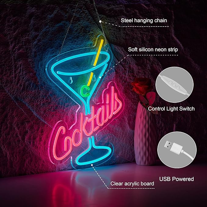 Cocktails Bar Neon Sign for Wall Décor Bar Beer Cocktil Neon Signs with Dimmer for Man Cave Wall Sign Decor(16X12inches)