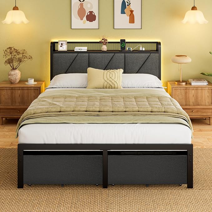 Queen Bed Frame with 2 Storage Drawers & Upholstered Headboard | Metal Platform Bed with Storage Shelf, Charging Station, LED Lights and Heavy-Duty slats, No Spring Box Needed, Noise-Free