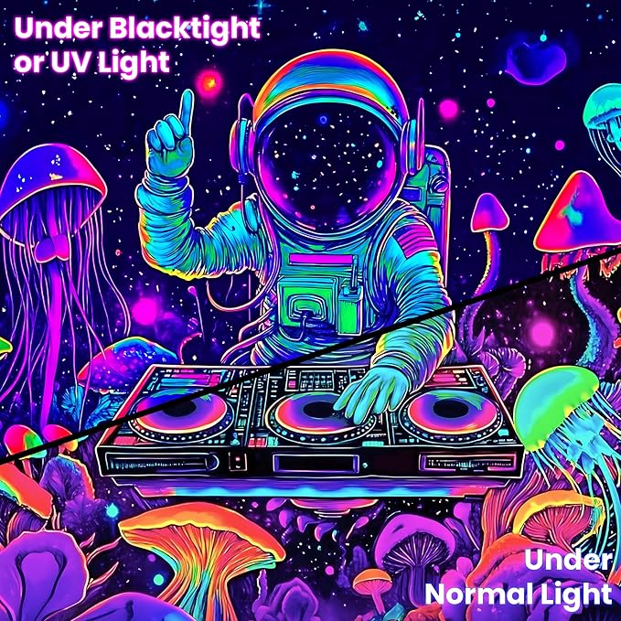 BVBOX Blacklight Space Astronaut Tapestry UV Reactive Galaxy Planet Glow in Dark Tapestries Black Light Poster Neon Wall Hanging Art for bedroom Living Room (Astronaut DJ 1-1M)