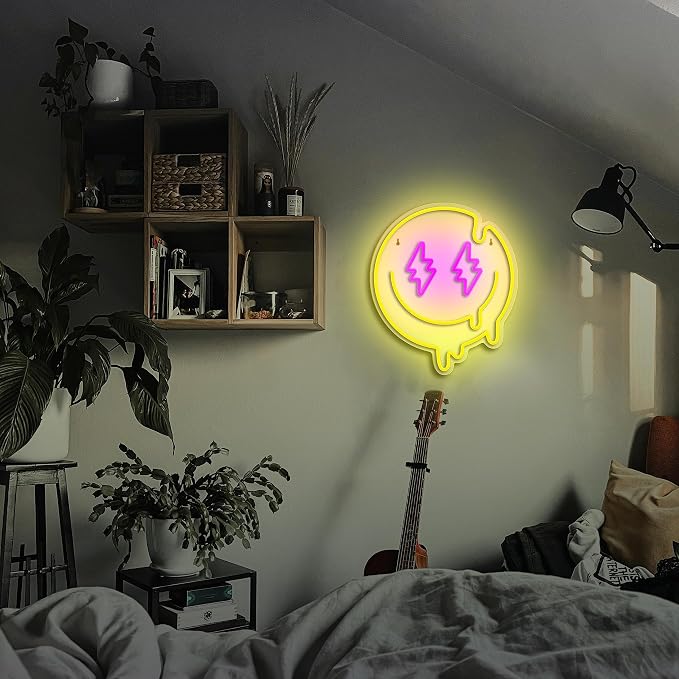 Melting Smile Face Neon Sign Dimmable Melted Smiling Face Neon Signs for Wall Decor Neon Smile Light Signs for Kids Room Party Bedroom Wall Art Decor USB Powered Holiday Gift