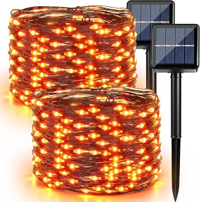 Brizled Solar Orange Fairy Lights, Outdoor Twinkle Halloween LED Lights | 2 Pack Total 78FT 240 LED; Black Wire; 8 Mode; Waterproof; Orange Fall String Light for Outside Party Tree Fence Garden Decor