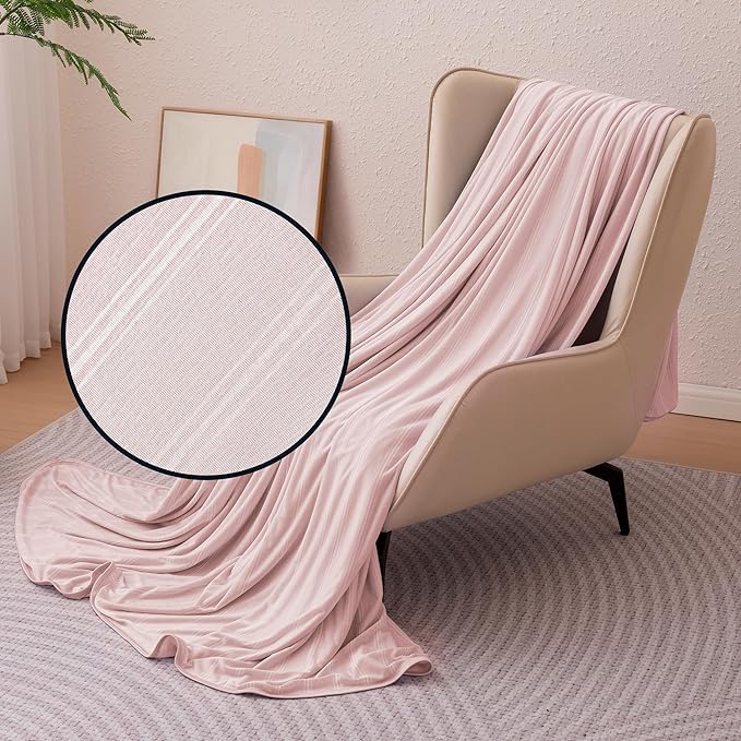 Amazon Basics Striped Cooling Blanket for Hot Sleepers, Reversible Lightweight Thin Throw Blanket for Bed, Couch and Sofa, Throw (50" x 70"), Pink Striped