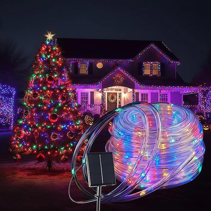 Solar Rope Lights Outdoor Waterproof, 39FT 100 LED Tube Lights with 8 Modes, Solar Powered String Lights for Garden Patio Yard Trees Fence Party Decor， Multicolor