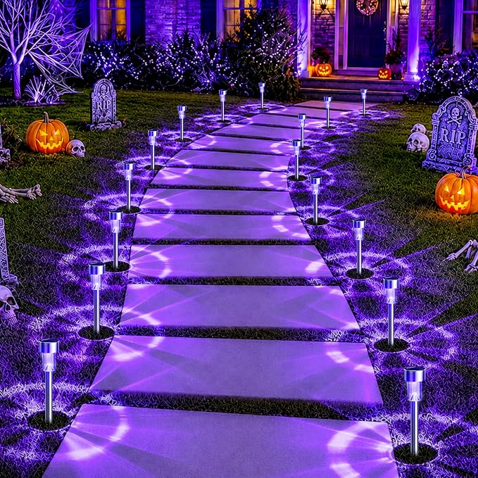 GIGALUMI 16 Pack Purple Solar Halloween Lights,Outdoor Halloween Decoration | Halloween Solar Lights Outdoor Waterproof, Halloween Decor for Yard,Garden,Pathway,Patio,Walkway,Party,Stainless Steel LED