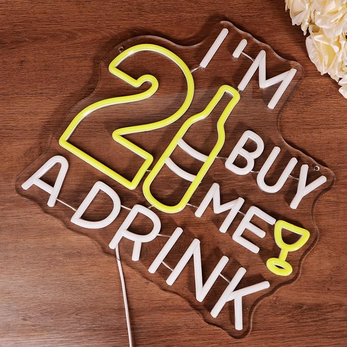 I’M 21 BUY ME A DRINK LED Neon Sign 21st Birthday Party Decor Neon Light | Twenty one Happy Birthday Glowing Lamp for Bar Pub Man cave Bedroom Home Dimmable Cheers LED for Her Him