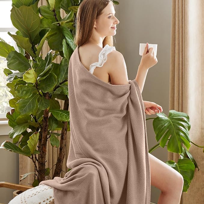 Bedsure GentleSoft 100% Cotton Blanket Twin XL Size for Bed - Cooling Breathable and Lightweight, Soft Cozy Textured Herringbone Woven Summer Blanket for College Dorm, Coffee Brown, 66x90 inches