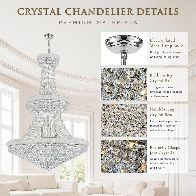42-Lights Large Crystal Chandelier 48-Inch Modern Light Fixture - High Ceiling Foyer Lighting Fixtures Ceiling Empire Chandelier - Entryway, Dining Room, LED Chandelier 42 Bulbs Included, Silver