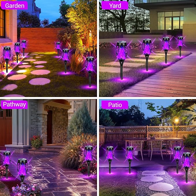 Purple Halloween Solar Lights Outdoor with Flickering Flame, 4 Pack | Halloween Decorations Solar Torch Lights, Waterproof Solar Halloween Lights Tiki Torches for Outside Patio Pathway Yard Decor