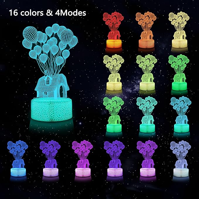Balloon House 3D Night Light with Remote - 3 in 1 Up Theme Acrylic Panels (House, Bear, Love), 16 RGB Colors 4 Modes, USB/Battery(Not Included), Valentines Gift for Girl, Kids Room Decor ﻿