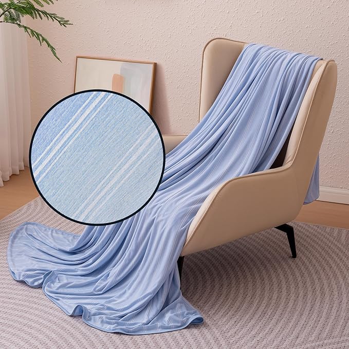 Amazon Basics Striped Cooling Blanket for Hot Sleepers, Reversible Lightweight Thin Throw Blanket for Bed, Couch and Sofa, Throw (50" x 70"), Blue Striped
