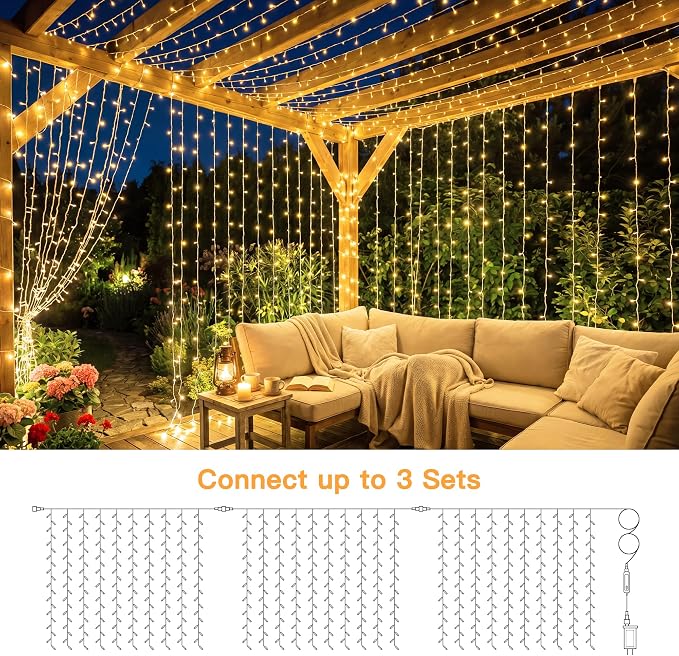 Ollny Curtain Lights 6.6x6.6ft, Plug in String Lights for Indoor Bedroom, 200 LED Connectable Fairy Light with Remote Timer 8 Modes, Waterproof Christmas Light for Outdoor Wedding, Warm White