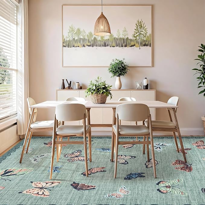 GarveeHome Butterfly Area Rug 5x7, No Slip Washable Rug, Modern Bedroom Rug Under Bed Ultra Carpet, Low-Profile Rugs for Living Room Bedroom Dining Room, Light Green