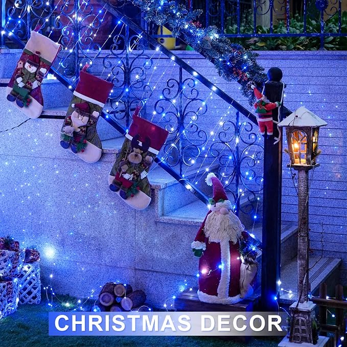 JMEXSUSS 2 Pack 33ft 100 LED Fairy Lights Battery Operated, Blue and White | Christmas Lights with Remote, Timer, 8 Modes, Battery Powered Twinkle String Lights for Bedroom Christmas Tree Mantel Decor
