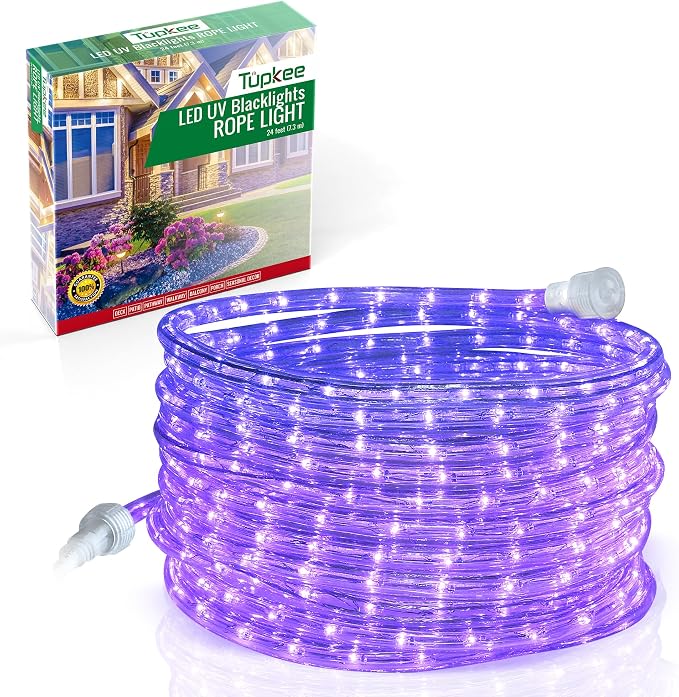 LED UV Black Light Rope Light, 24 Feet, 10MM Diameter for Glow Party | UV Blacklight for Fluorescent Glow Parties, Birthday, Halloween, Stage Decoration, Indoor Outdoor, 144 Ultraviolet LED Bulbs