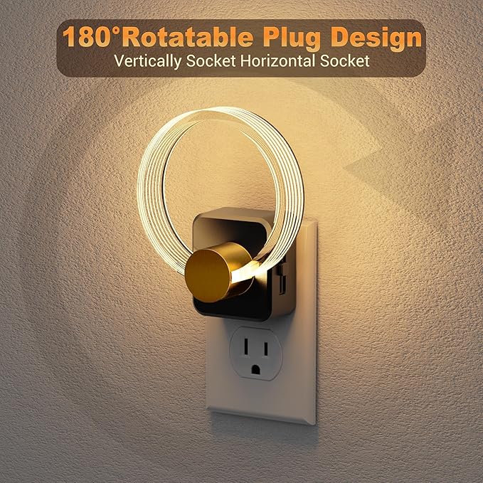 JandCase Night Light, Night Lights Plug into Wall, Dimmable Nightlight | 2 Pack,Dusk to Dawn Sensor, 180° Rotatable Round Plug in Nightlights, LED Circle Acrylic Night Light for Bathroom Kids
