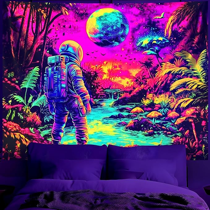 BVBOX Blacklight Space Astronaut Tapestry UV Reactive Galaxy Planet Glow in Dark Tapestries Black Light Poster Neon Wall Hanging Art for bedroom Living Room (Astronauts & Space -UV-1M)