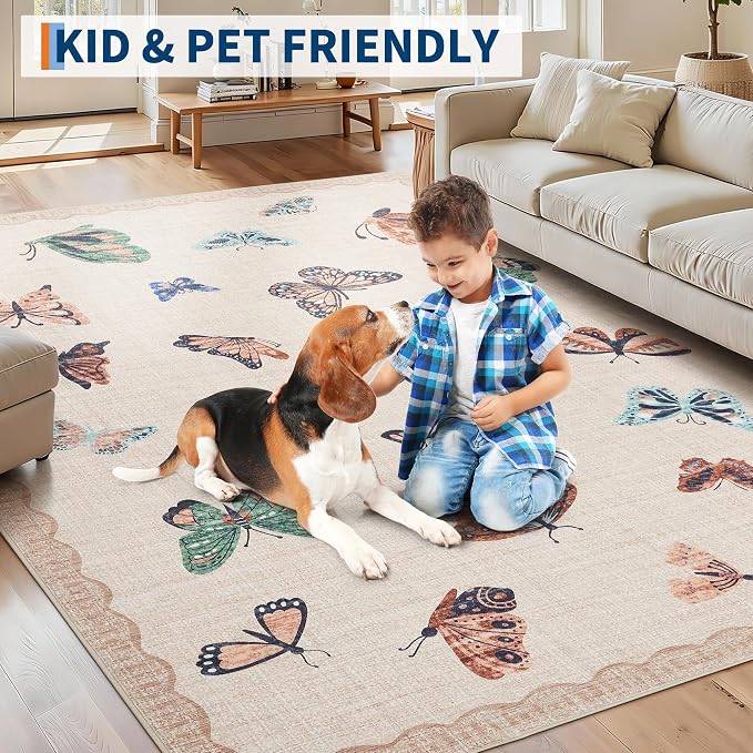 GarveeHome Butterfly Area Rug 2x6, No Slip Washable Rug, Modern Bedroom Rug Under Bed Ultra Carpet, Low-Profile Rugs for Living Room Bedroom Dining Room, Apricot