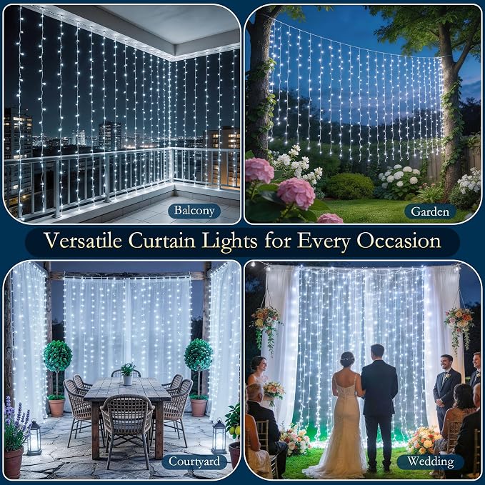 Curtain String Lights Indoor, 200LED 6.6 * 6.6FT USB Plug-in Window Curtain Lights with Timer and 8 Modes, Waterproof Cool White Curtain Fairy Lights for Bedroom Room Wedding Outdoor Decor
