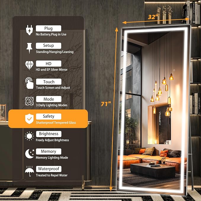 Hasipu Full Length Mirror with Lights, 71" x 32" LED Lighted Floor Standing, Full Body Dressing Hanging Mounted Mirror, Tempered Glass, Square Black