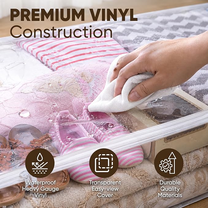 Masirs Clear Underbed Storage Bag, Durable Vinyl Material to Shield Your Contents from Dust, Dirt and Moisture, Easy Gliding Zipper for Easy Access and Label Pocket for Easy Identification, (2-Pack)