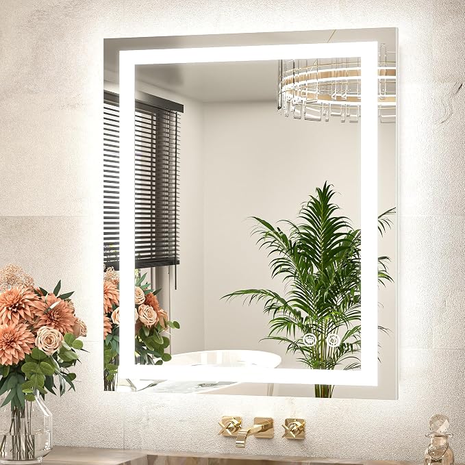LED Bathroom Mirror 24 x 30 Inch Lighted Bathroom Vanity Mirror with Lights, Brighter Frontlit and Backlit Light up Anti Fog Mirror, 3-Color Dimmable, Shatterproof Tempered Glass, Waterproof