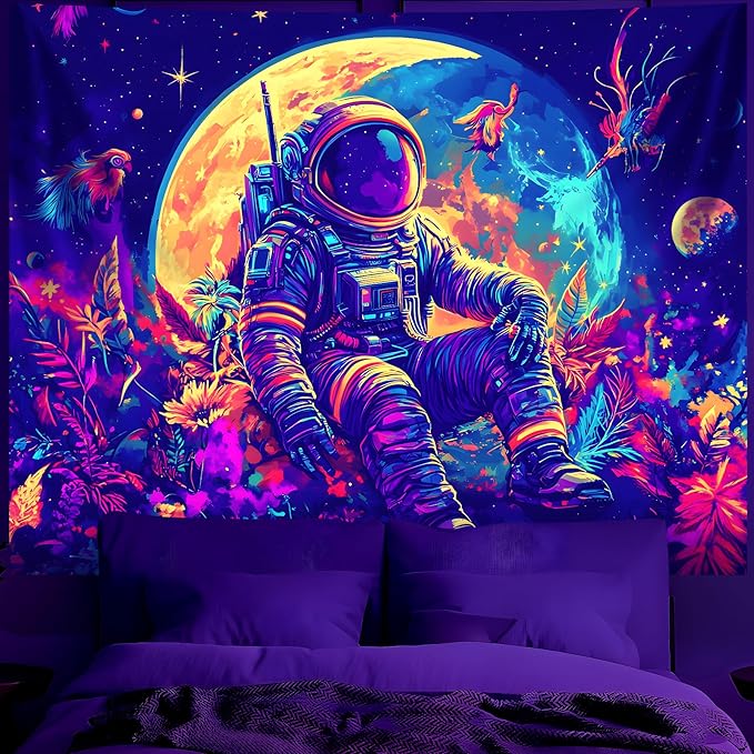 BVBOX Blacklight Space Astronaut Tapestry UV Reactive Galaxy Planet Glow in Dark Tapestries Black Light Poster Neon Wall Hanging Art for bedroom Living Room (Astronaut & Moon-1M)