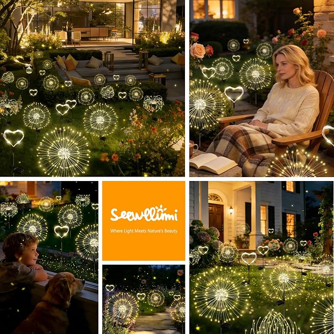 Solar Garden Lights Outdoor Decor Waterproof, 4Pack 120LED Firework Lights for Garden Decorative, Fairy Lights Solar Powered for Yard, Patio,Pathway,Flowerbed,Planter,Party(Warm White)