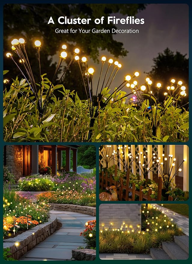 Brightown 8 Pack Solar Garden Lights, 96 LED Firefly Lights, 2 Lighting Modes, Wind Sway IP65 Waterproof Outdoor Lights for Garden Yard Pathway Decor, Warm White