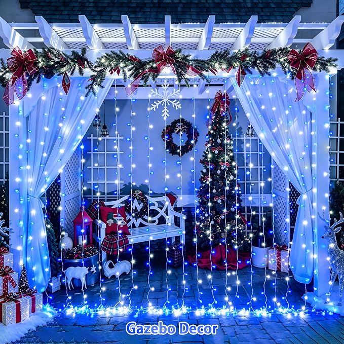 JMEXSUSS 200 LED USB Curtain Lights Blue and White | Remote Curtain Christmas Lights, 8 Modes Christmas String Lights for for Bedroom, for Christmas, for Party, 6.5ftx6.5ft