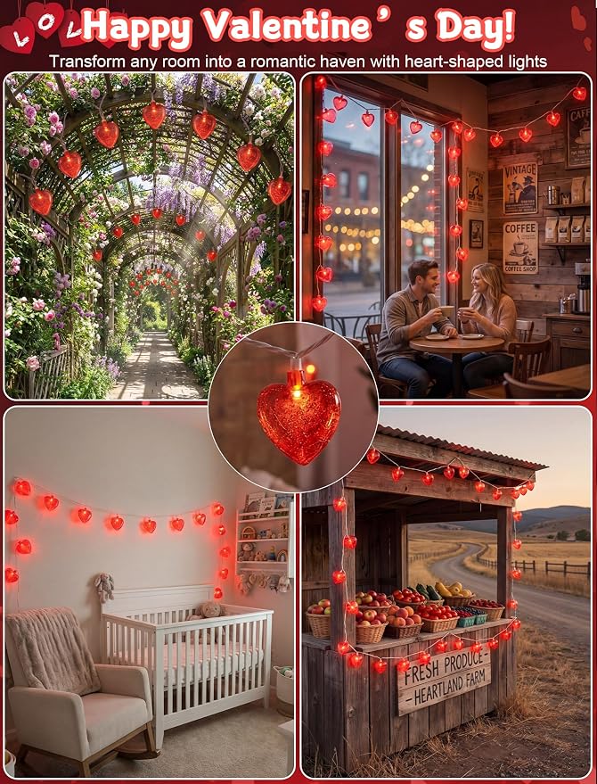 8.5 Ft Heart String Lights, Valentines Day Decorations Lights with 10 LED Glitter Red Heart Lights, Plug in Fairy Heart Shape String Lights for Wedding Anniversary Party Valentine's Day