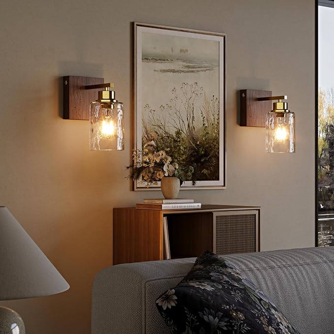 Hammered Glass Battery Operated Wall Sconces Set of Two Gold & Walnut | Dimmable Rechargeable Wall Lights with Remote Timer, Easy Install Lamp for Living Room Bedroom, Emergency 3000K