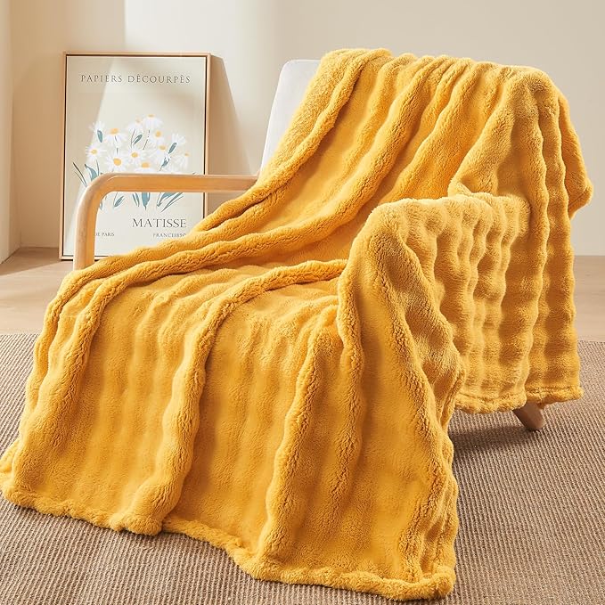 NEWCOSPLAY Throw Blanket for Couch Mustard Yellow Super Soft Flannel Fleece 3D Bubble Lightweight Bed Blanket All Season Use (Mustard Yellow, Throw(50"x60"))