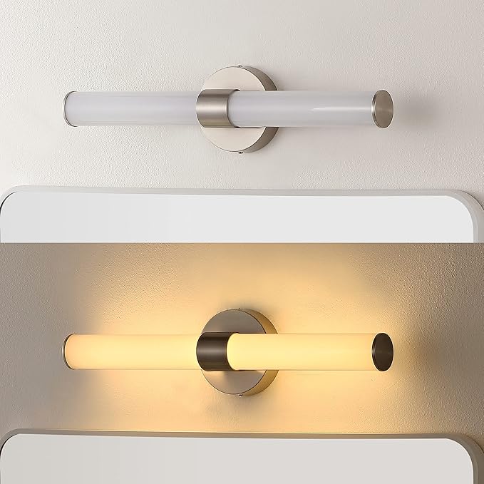 JONATHAN Y 20.13" Nickel/White 1-Light Integrated LED Vanity Light, Mid-Century Modern Iron Sconce with Frosted Acrylic Shade, Dimmable Bathroom Light Fixture for Mirror, 3000K (JYL7119B)