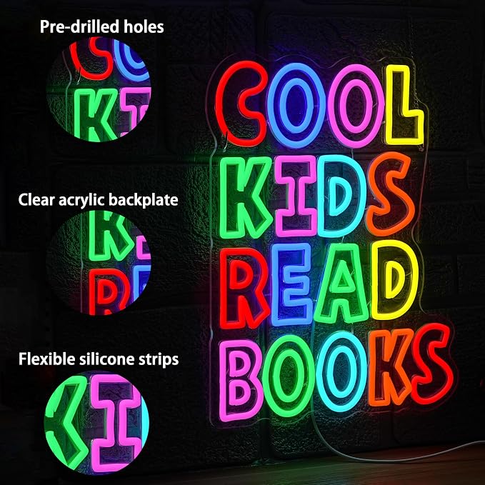 Cool Kids Read Books Neon Sign for Wall Decor Reading Letters Neon LED Light USB Powered Book LED Light Sign for Classroom Library School Girls Boys Room(12.6 * 16.54In)